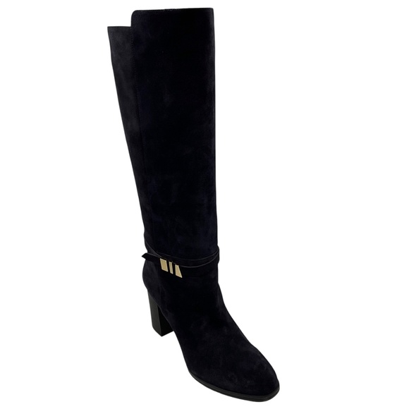 TOD'S NAVY BLUE / GOLD BUCKLE TALL SUEDE LEATHER BOOTS - Picture 1 of 8